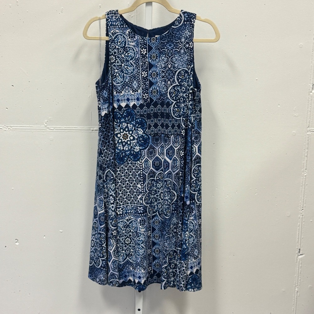 Anne Klein Blue White Patchwork Tile Mosaic Print Sleeveless Shift Dress Size 12
